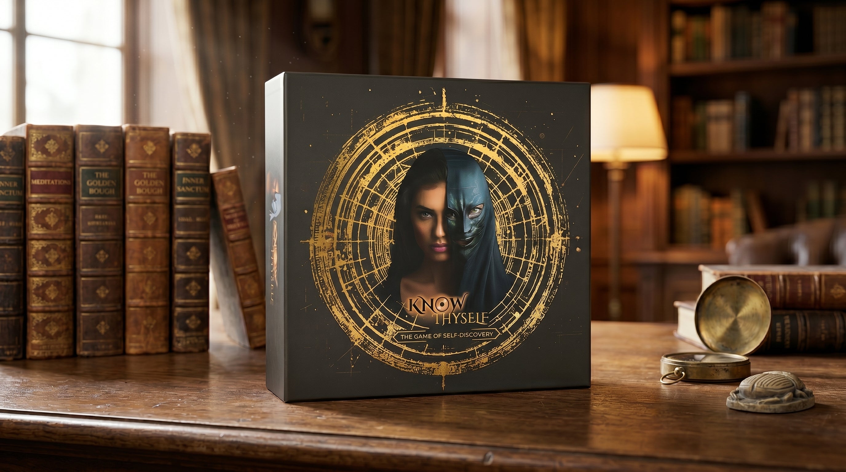 The Know Thyself box displayed in a warm study beside classic books on psychology and philosophy
